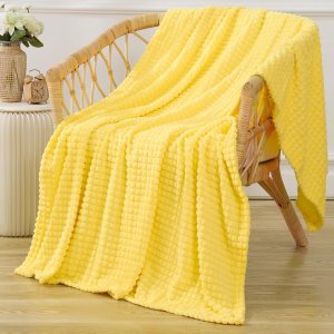 Puncuntex Fleece Throw Blanket Bright Yellow 50"×60"with Square Grid Design