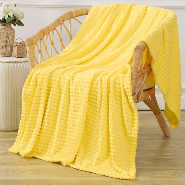 Puncuntex Fleece Throw Blanket Bright Yellow 50"×60"with Square Grid Design