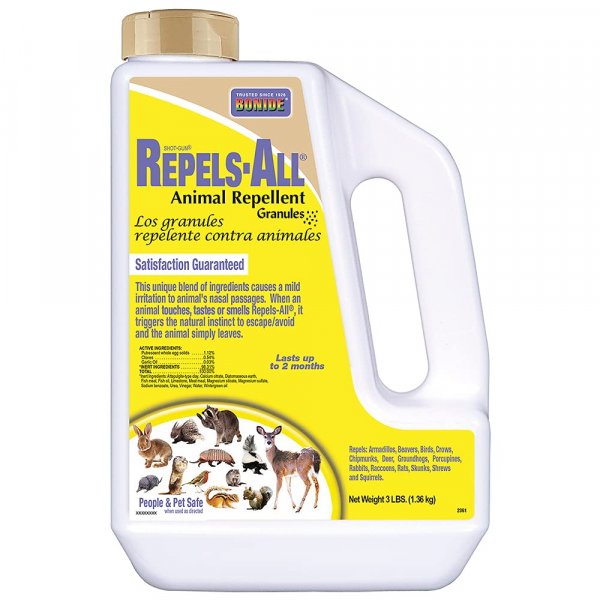 Bonide Repels-All Animal Repellent Granules, 3 lbs. Ready-to-Use Deer & Rabbit Repellent, Deter Pests from Lawn & Garden