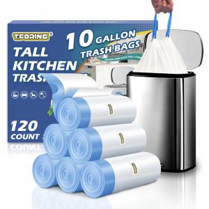 T.FORING Kitchen 10 Gallon Trash Bag Drawstring,1.2 Mil,Unscented,120 Count