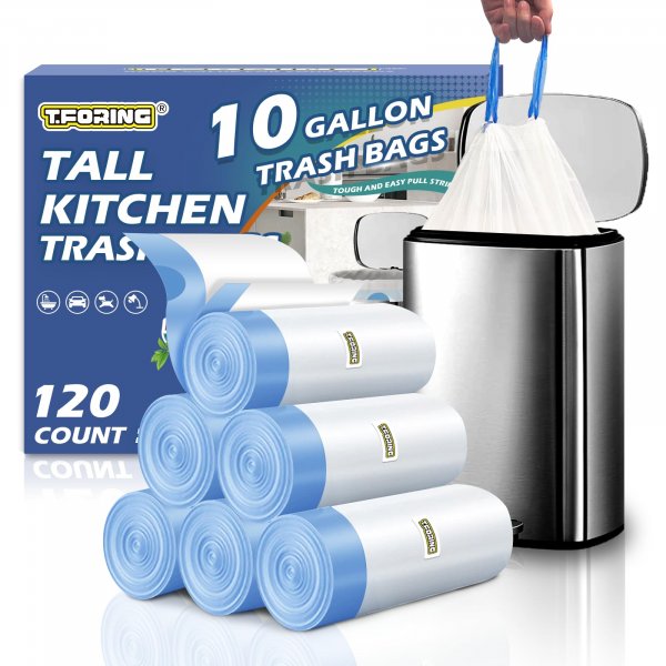 T.FORING Kitchen 10 Gallon Trash Bag Drawstring,1.2 Mil,Unscented,120 Count