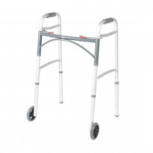 Drive Medical Two-Button Folding Walker With Wheels - Lightweight Rolling Mobility Support - Adjustable Height - Dual Push-Button Operation - 5 Inch Front Wheels - Durable Aluminum - Silver