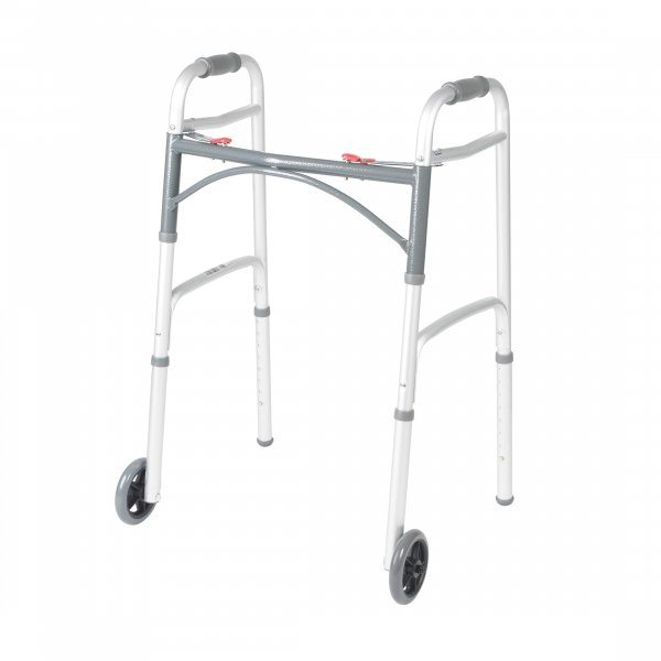 Drive Medical Two-Button Folding Walker With Wheels - Lightweight Rolling Mobility Support - Adjustable Height - Dual Push-Button Operation - 5 Inch Front Wheels - Durable Aluminum - Silver