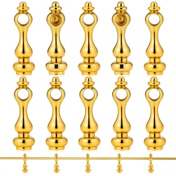 Veemoon 10pcs Shelf Railing Bracket Spindles Connectors, Decorative Gold Metal Spindles Shelves Gallery Rails Railing Post End Caps Connector for Wine Cabinet and Cart Craft Projects (Aperture 6 MM)
