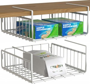Simple Houseware Under Shelf Basket, White – 2-Pack Space-Saving Storage Organizer for Kitchen, Pantry, Closet, Office – Wire Metal Shelf Organizer, No Tools Required