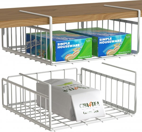 Simple Houseware Under Shelf Basket, White – 2-Pack Space-Saving Storage Organizer for Kitchen, Pantry, Closet, Office – Wire Metal Shelf Organizer, No Tools Required