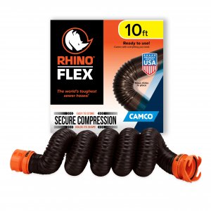 Camco RhinoFLEX 10-foot RV Sewer Hose Extension - Features Collapsible Design for RV Storage - Includes Pre-Attached Lug & Bayonet Fitting -Heavy Duty Polyolefin & Reinforced w/Steel Wire (39774)