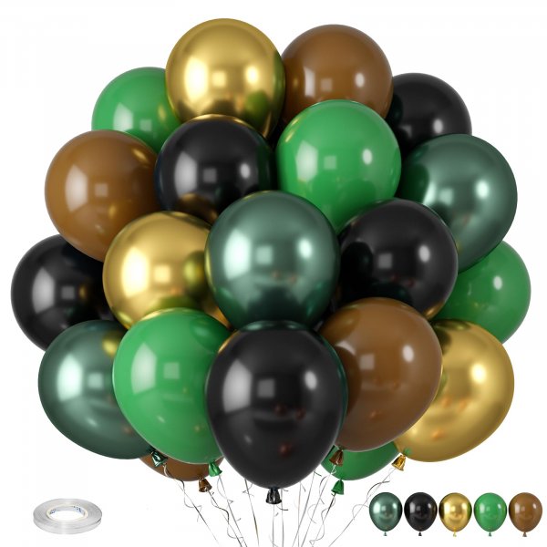 Green and Brown Balloons, Camouflage Metallic Green Black Brown Gold Balloon Balloon, Dark Green Balloons for Jungle Theme Camo Army Birthday Camping Game Baby Shower Party Decorations