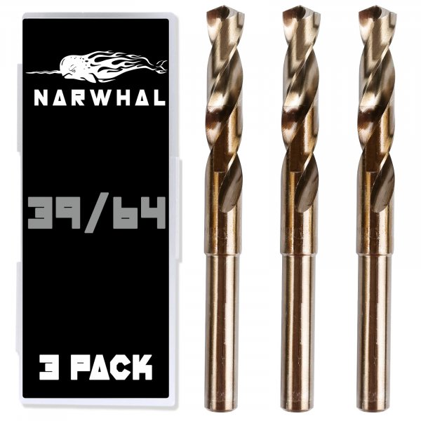 Narwhal 39/64 Cobalt Drill Bits - 3 Pack - 6 Inch Length - M35 Cobalt Drill Bits with Storage Case - Perfect for Metal, Stainless Steel, Cast Iron, and More!