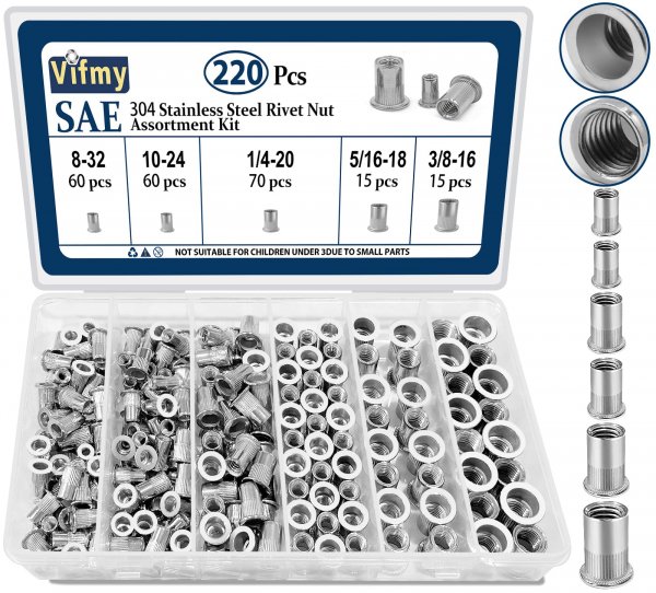 Vifmy SAE Rivet Nut Assortment Kit 220Pcs #8-3/8 Stainless Steel Rivnuts