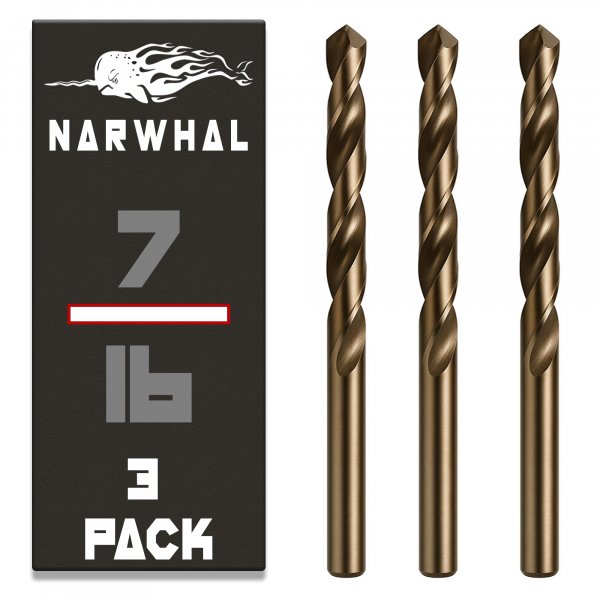 Narwhal 7/16 Inch Cobalt Drill Bits (3 Pack - Industrial Grade M35 Cobalt) 5-1/2" Length & 135 Degree Split Point for Drilling Into Metal, Hardened & Stainless Steel, Cast Iron, & More!