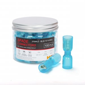 HKS 100PCS Female Spade Connector Blue 16-14 AWG - Heat Shrink Electrical Quick Disconnect Wire Connectors Kit - Tinned Red Copper - Automotive Marine Crimp Connectors - Waterproof and Insulated
