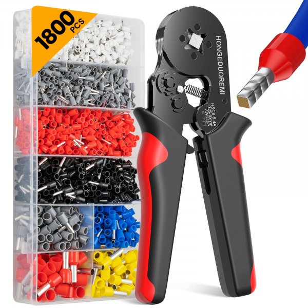 Ferrule Crimping Tool Kit,Wire Ferrule Kit Crimper Connectors，4 corners Self-adjustable AWG23-7 gauge 1800PCS Ferrules Electrical Terminal，Crimpers Tools Pin Terminals Ratchet Pliers for Audio,Car,D