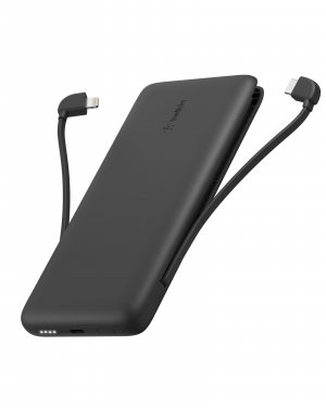 Belkin Portable Charger Power Bank for iPhone/Android (10,000mAh), 23W Battery Pack with Integrated USB-C, Lightning Cables, Pass-Through Capability, Charge 2 Devices at Once, Phone Charger Power Bank