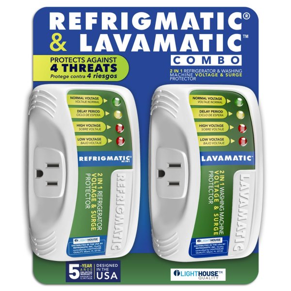 Two Electronic Voltage & Surge Protector Combo - Protect your Refrigerator and Washing Machine Against High and Low Voltage, Brownouts and Spikes
