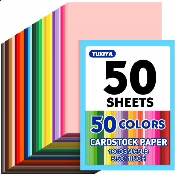 TUXIYA 50 Sheets 8.5" X 11" Colored Cardstock, 50 Colors Card Stock