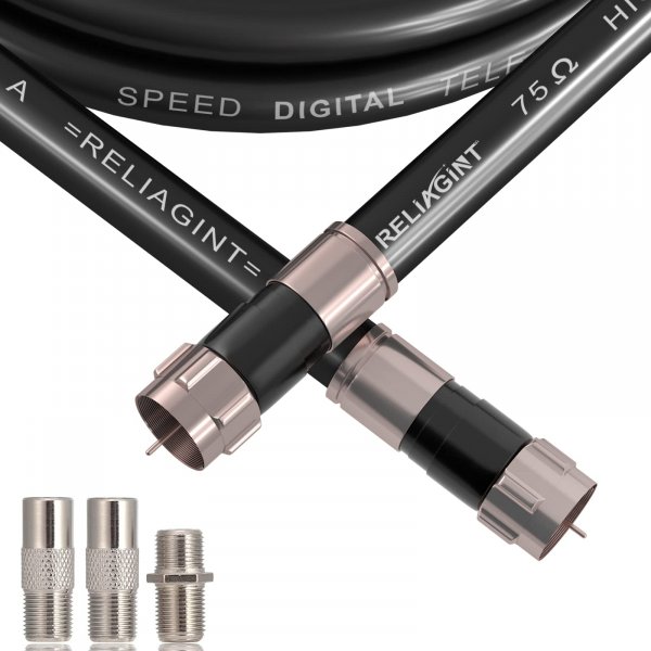 RELIAGINT 40ft RG6 Coaxial Cable Black, 75 Ohm Coax Cable with F Connector & F81 Double Female Coupler, Low Loss High-Speed TV Antenna Extension Cord for HD TV, Satellite & Dish