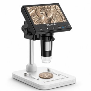 Elikliv Microscope, LCD Digital Coin Microscope 1000x, Coin Magnifier with 8 Adjustable LED Lights, PC View Compatible with Windows/MacBook, EDM4, 4.3-Inch