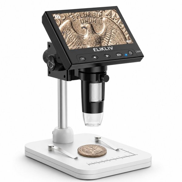 Elikliv Microscope, LCD Digital Coin Microscope 1000x, Coin Magnifier with 8 Adjustable LED Lights, PC View Compatible with Windows/MacBook, EDM4, 4.3-Inch