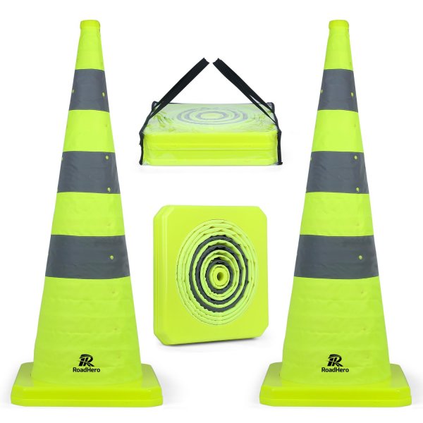 RoadHero 36 Inch 2 Pack Collapsible Traffic Safety Cones with Bag, Green