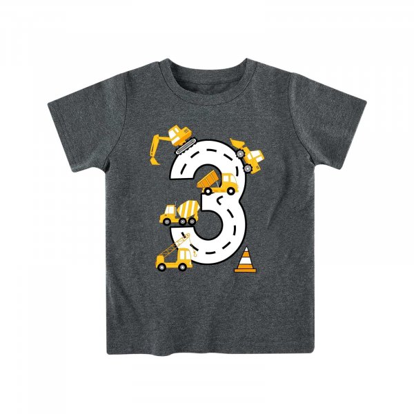Lovekider 3rd Birthday Shirt Boy Construction T-Shirts Truck Excavator Print Tee 4t Summer Short Sleeve Shirts for Gift Dark Grey Size 4