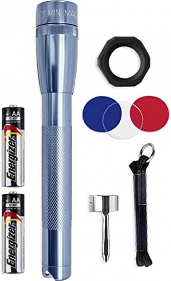MagLite Mini MAG 2 AA LED Flashlight – 127 Lumens Compact Flashlight with Adjustable Beam, High/Low Modes, IPX4 Water-Resistant, Shock-Resistant Design, Alkaline Batteries Included (Combo Pack, Gray)
