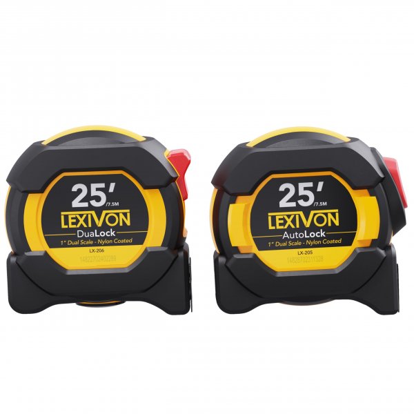 LEXIVON [2-Pack] 25Ft/7.5m Tape Measure, DuaLock & AutoLock | 1-Inch Wide Blade with Nylon Coating, Matt Finish White & Yellow Dual Sided Rule Print | Ft/Inch/Fractions/Metric (LX-204)