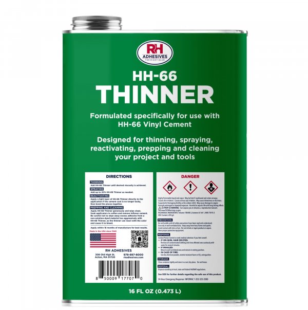 HH-66 Thinner, 16 oz. can - Prepping, Thinning, Reactivating, Cleaning, Multi-Purpose, Compatible with HH-66 Vinyl Cement - RH Adhesives