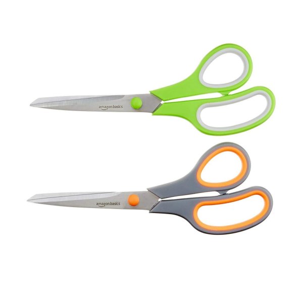 Amazon Basics Multipurpose Stainless Steel Scissors for Office, Crafts, Paper Cutting, Fabric Cutting, Right/Left Handed, Comfort Grip, PVD Coated, 2-Pack, Green and Grey
