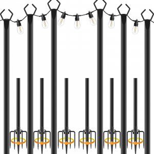 NSHWFW 6 Pack 10 ft Heavy Duty Metal String Light Poles Adjustable Outdoor Lighting Stand for Patio,Backyard,Garden,Party & Wedding Rustproof & Sturdy with Hooks