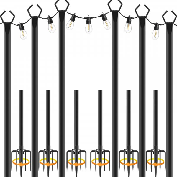 NSHWFW 6 Pack 10 ft Heavy Duty Metal String Light Poles Adjustable Outdoor Lighting Stand for Patio,Backyard,Garden,Party & Wedding Rustproof & Sturdy with Hooks