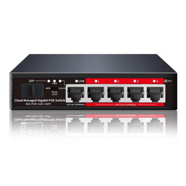 Poe Switch, 5 Port Gigabit PoE+ Switch, Easy Managed Gigabit Ethernet Switch, 4 Poe Ports @52W, 1 Uplink Ports, 1 SFP Slot, APP Smart Managed, Overload Protection w/ Port