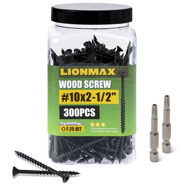 LIONMAX Deck Screws 2-1/2 Inch, Wood Screws #10 x 2-1/2", 300PCS, Black