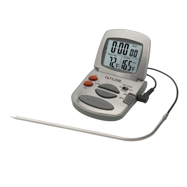 Taylor Precision Products Programmable with Timer Instant Read Wired Probe Digital, Meat, Food, Grill BBQ Cooking Kitchen Thermometer, Stainless Steel