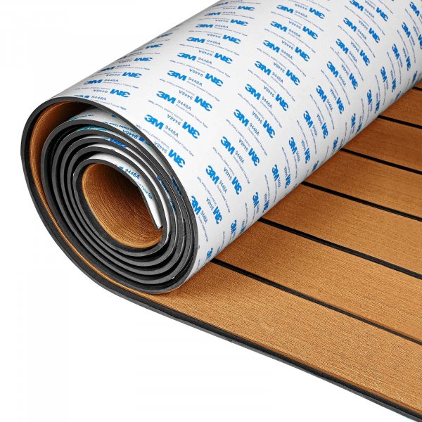 OCEANBROAD Self-Adhesive 96''x45.6'' Boat Flooring with 3M Adhesive Backing EVA Foam Boat Decking Faux Teak Marine Non-Slip Sheet for Jon Motor Boats Yacht Helm Pad Floor, Brown with Black Seam Lines