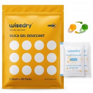 wisedry 5 Gram 60 Packs Food Grade Silica Gel Packets, Rechargeable Food Safe Desiccant Packs with Color Indicating Beads, Reusable Moisture Absorbers for Food Storage, Electronics, 3D Filament & Safe