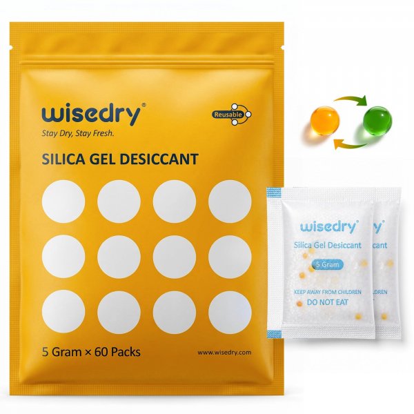 wisedry 5 Gram 60 Packs Food Grade Silica Gel Packets, Rechargeable Food Safe Desiccant Packs with Color Indicating Beads, Reusable Moisture Absorbers for Food Storage, Electronics, 3D Filament & Safe