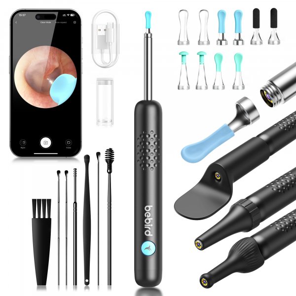 BEBIRD R1 Wax Removal Tool for Ear - Spade Ear Canal Cleaner with Camera 1080P Earscope, Wax Remove Ear Picker with Vari Replacement Tips, Camera with 6LED Light for Ear/Nose/Throat Examination, Black