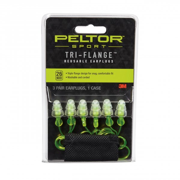 Peltor Sport Tri-Flange Corded Reusable Earplugs, 3 Pair, Noise Reduction Rating (NRR) 26 dB, Comfortable Fit, Ideal For Range, Shooting & Hunting, Washable and Corded, Neon Yellow (97317-10C)