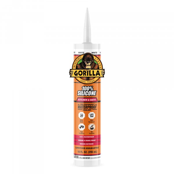 Gorilla 100% Silicone Caulk, Kitchen & Bath Sealant, White, 10 oz Cartridge