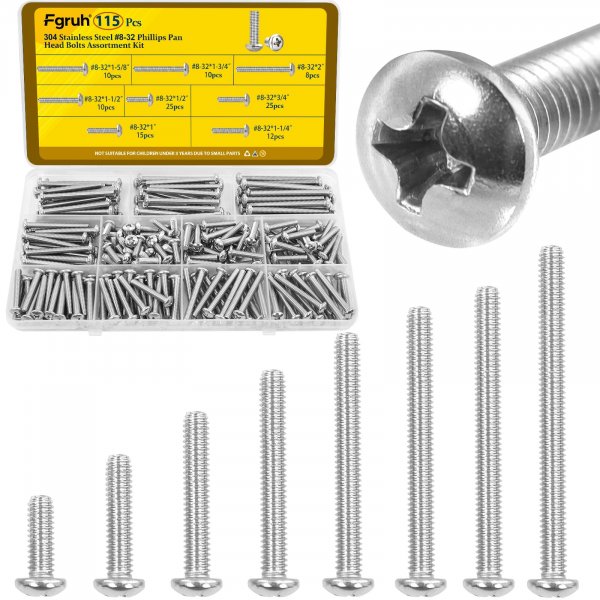 Fgruh 115PCS #8-32 Machine Screws, #8-32 x 1/2", 3/4", 1",1-1/4", 1-1/2", 1-5/8", 1-3/4", 2" Phillips Pan Head Screws Bolts Assortment Kit, 304 Stainless Steel Bolt for Electrical Wall Plate Switch