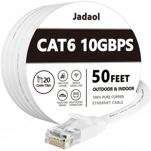Jadaol Cat 6 Ethernet Cable 50 ft with Cable Clips, 10Gbps Support Cat8 Cat7 Network, Flat RJ45 LAN Patch Cable, High-Speed Wired Internet Cable for Router, Modem, Switch, Gaming Consoles, PC, White