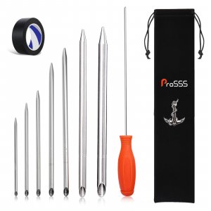 Rope Splicing Tool Kit – 7 Sizes (5/32", 7/32", 1/4", 5/16", 3/8",3/8" Large, 1/2") with Pusher, Storage Bag & Black Splicing Tape – Aluminum Fids for Double Boat/Climbing Ropes Rapid Recovery