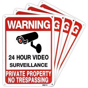 SEHINU 4-Pack Warning No Trespassing Signs Private Property, 10x7 Inch 24 Hour Video Surveillance Signs, Heavy Duty Rust-Free Aluminum Security Signs, UV Protected & Weatherproof for Home, Yard, Busin
