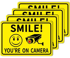 4-Pack Smile You're On Camera Signs 8"x12" Rust Free Aluminum Video Surveillance Sign Outdoor, with UV Printed - Smile Your On Camera Signs for Home, Business, Yard and CCTV