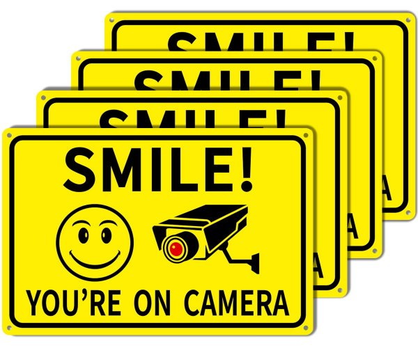 4-Pack Smile You're On Camera Signs 8"x12" Rust Free Aluminum Video Surveillance Sign Outdoor, with UV Printed - Smile Your On Camera Signs for Home, Business, Yard and CCTV