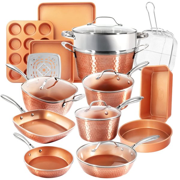 Gotham Steel Hammered 20 Pc Ceramic Cookware Set Nonstick, True Ceramic Pots and Pans Set Non Stick with Deep Square Pan Set & Bakeware Set, Non Toxic PFOA PFOS Free, Oven & Dishwasher Safe