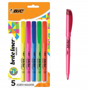 BIC Brite Liner Highlighters, Chisel Tip, School Supplies for Students and Teachers, Ideal for Notes, Textbooks, and Classroom Use, 5-Count Pack in Assorted Colors