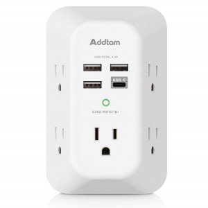 Addtam AD5004 USB Wall Charger Surge Protector 5 Outlet Extender with 4 USB Charging Ports ( 1 USB C Outlet) 3 Sided 1800J Power Strip
