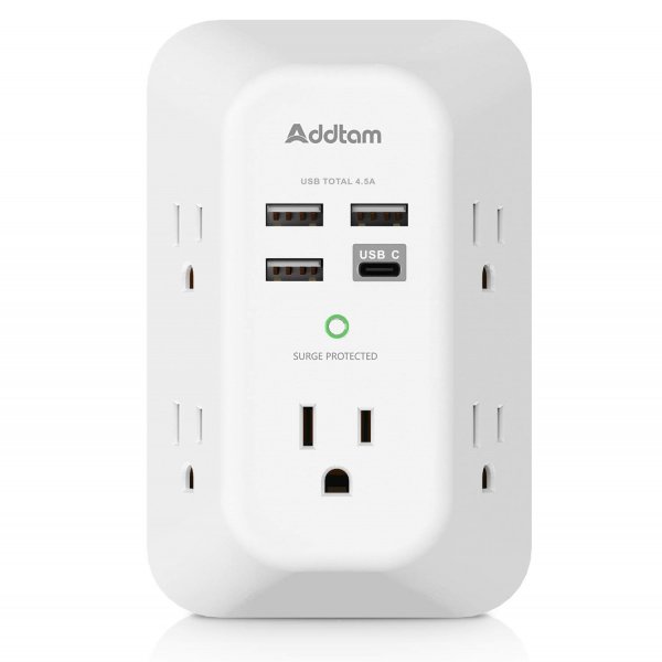 Addtam AD5004 USB Wall Charger Surge Protector 5 Outlet Extender with 4 USB Charging Ports ( 1 USB C Outlet) 3 Sided 1800J Power Strip